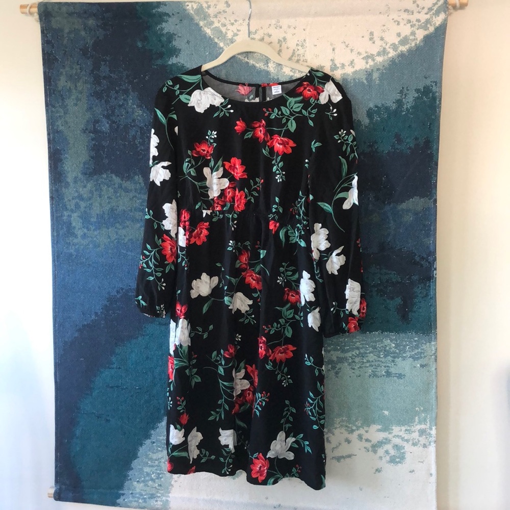 Black maternity dress with white and red flowers